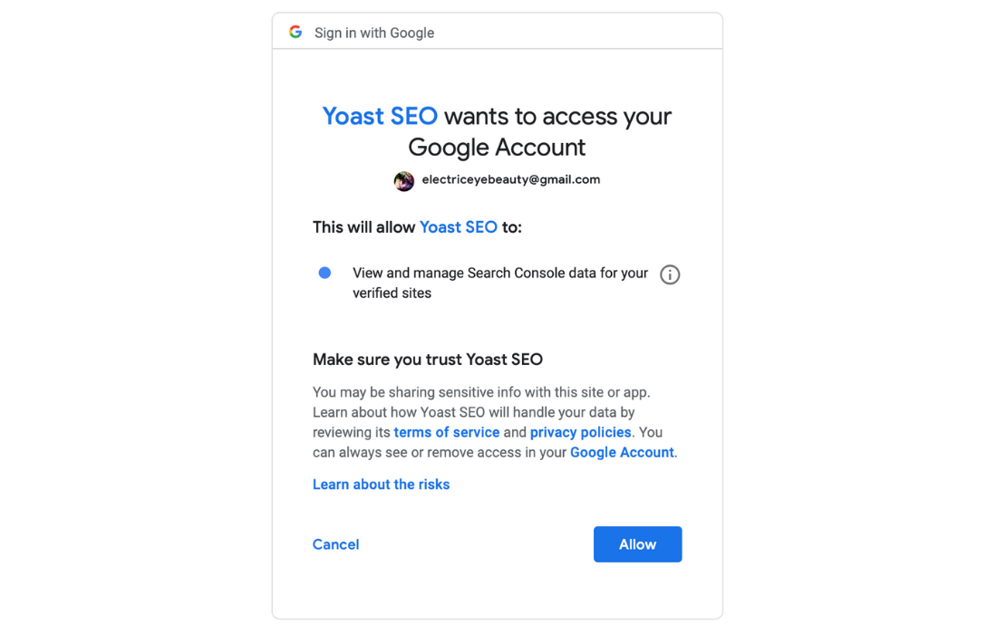 After you click the authenticate button you need to allow permission for Yoast SEO to access your Google account.