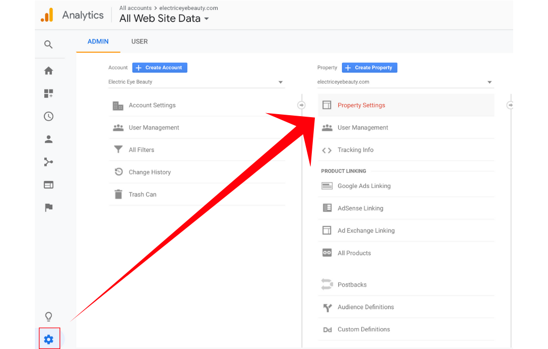 Head over to the Google Analytics website and go to property settings.