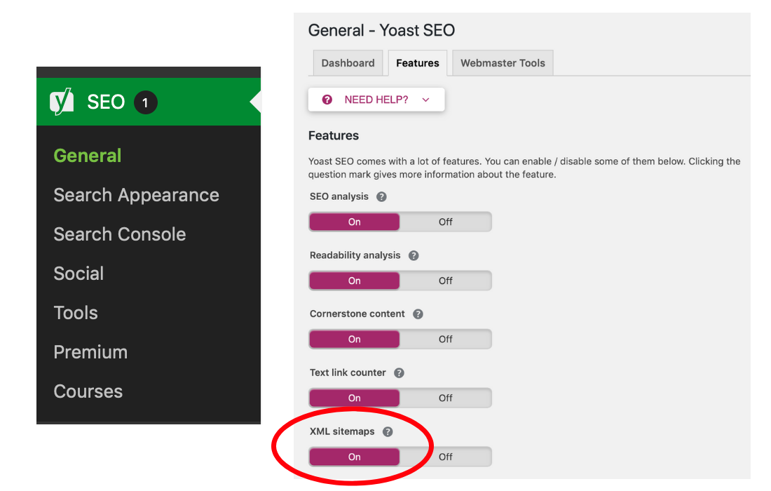 To find your XML sitemap URL go to Yoast then General then Features.